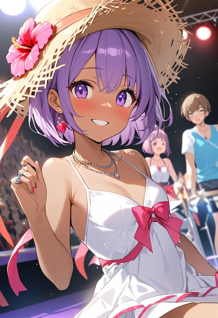 Girl、girl、cute、Princess、young、Purple eyes、Purple Hair、Short Bob Style、hibiscus、Straw hat、Big ribbon、cute、Being spoiled、smile、Be happy、Eyes glow pink、Red cheeks、stage、Idol、White dress、Swimwear、Small breasts、Embarrassed、juice、sit、Black tan、lover、Earrings、necklace、ring、
