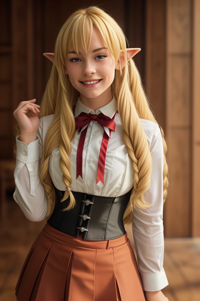 Smile,
1 girl,solo,blonde hair,very long hair,pointed ears,double drill,red eyes,solo,ahoke,elf,drill hair,hair between eyes,bangs,hairline,hair behind ears,
long sleeves,school uniform,red skirt,red bow tie,black corset,thighs,white shirt,,beautiful picture,high definition,masterpiece,best quality,,18 years old,young woman,beautiful fingers,long beautiful legs,beautiful body,beautiful nose,beautiful character design,perfect eyes,perfect face,expressive eyes

Official artwork,Highly detailed 8k CG unity wallpaper,Perfect lighting,Colorful,Bright front lighting,Glossy texture,
(Masterpiece:1.0),(Best quality:1.0),Ultra high resolution,4K,Super detailed,
Photography,8K,HDR,High resolution,Nonsense:1.2,Kodak Portra 400,Film grain,Blurred background,Bokeh:1.2,Lens flare,(Vivid:1.2),(Beautiful face:1.5), ,NSFW,full body image