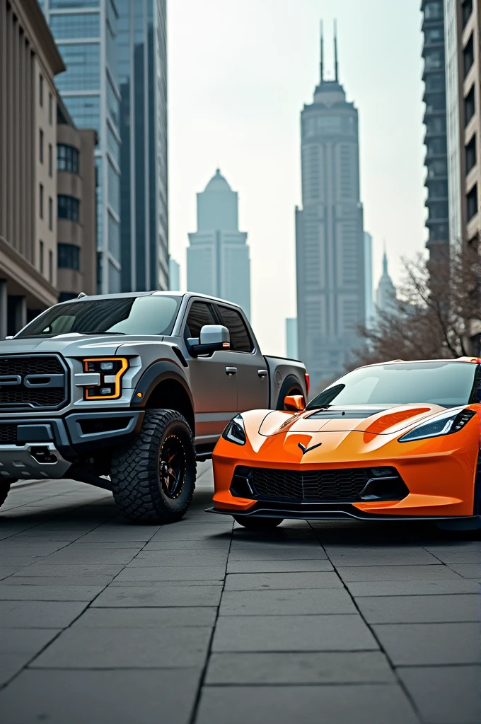 A photo of a gray Ford Raptor and an orange Chevrolet Corvette