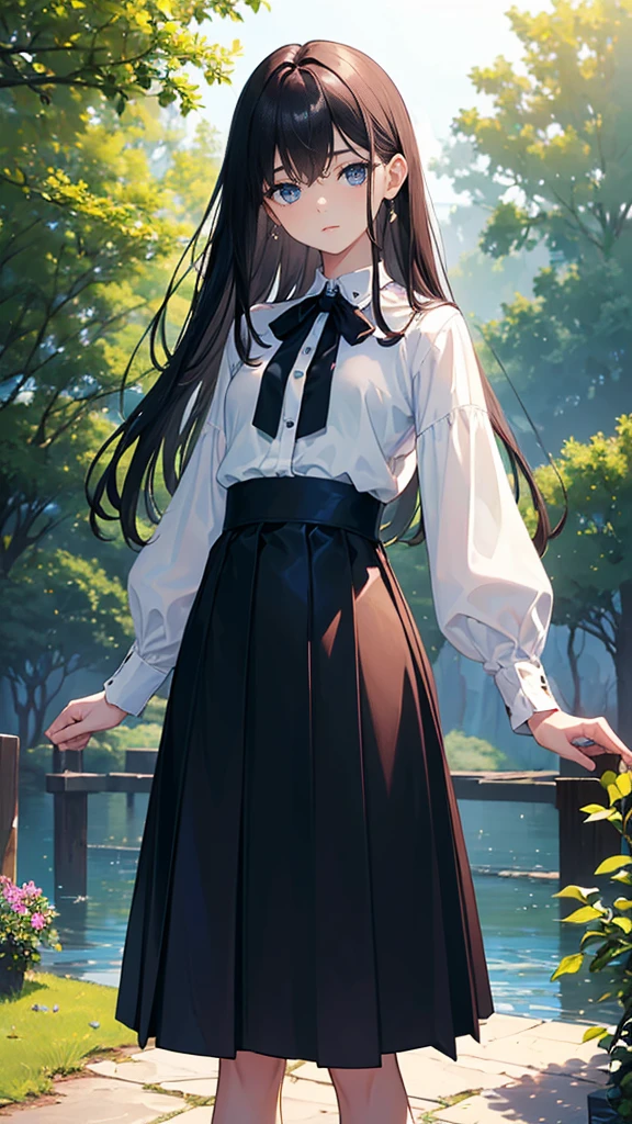 ((True best masterpiece, Ultimately perfect quality, Extremely delicate details)), ((Shy, Quiet, Neat, Gentle, Cute)), An introverted girl, With skinny slim body, With dark-blue eyes, With long brown-black hair, With flat bust, Wearing a white y-shirt neatly, With black tie, Wearing a black fabric skirt, With gather, In the park