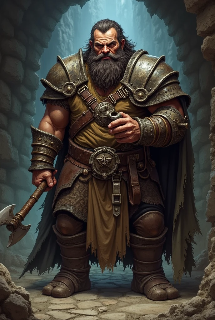 A dwarf warrior from dungeons and dragons, has dark brown hair and a scar on his left eye, looks older, has a pipe.