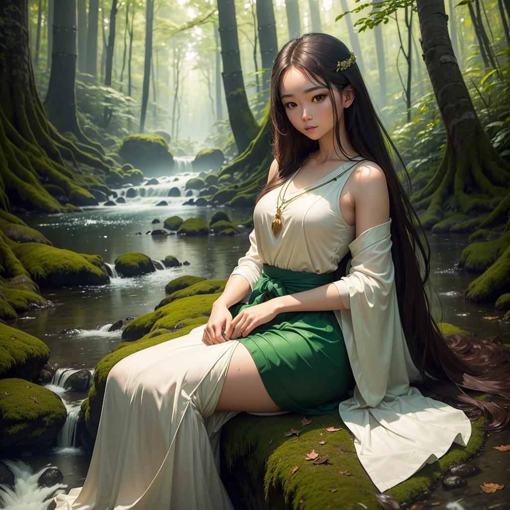 Create 64k photos of a tranquil forest scene at dusk. The forest is bathed in soft, gentle light. There are tall ancient trees. The leaves have a sparkling emerald green color. Low angle portrait. A young woman with a beautiful Thai-Chinese face. ((sexly))  White skin, long brown hair Slim, sexy figure, wearing a pastel pink shirt., white shorts, not wearing shoes She sat gracefully beside the stream. Behind the quiet forest backdrop at dusk The forest was bathed in soft, gentle light. There were tall ancient trees with shimmering leaves. The glitter is emerald green and gold. A stream meanders through forest mildly