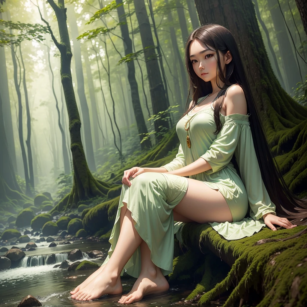 Create 64k photos of a tranquil forest scene at dusk. The forest is bathed in soft, gentle light. There are tall ancient trees. The leaves have a sparkling emerald green color. Low angle portrait. A young woman with a beautiful Thai-Chinese face. ((sexly)) White skin, long brown hair Slim, sexy figure, wearing a pastel pink shirt., white shorts, not wearing shoes She sat gracefully beside the stream. Behind the quiet forest backdrop at dusk The forest was bathed in soft, gentle light. There were tall ancient trees with shimmering leaves. The glitter is emerald green and gold. A stream meanders through forest mildly