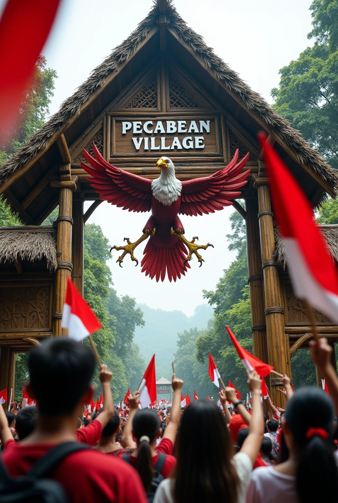 A village gate made of woven bamboo contains a giant garuda bird clutching a red and white flag., There is a sign at the gate saying PECABEAN VILLAGE, In front of the gate, many people are celebrating the Republic of Indonesia's victory day, holding the red and white flag.