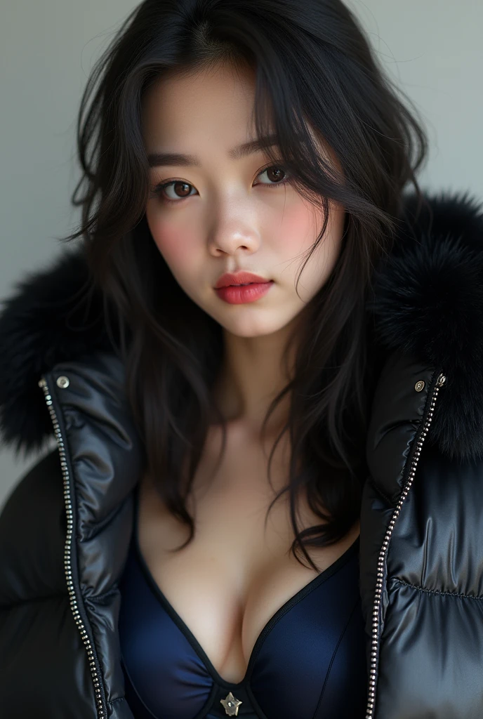 cute Chinese woman,wearing a very large tight (black) shiny puffer coat, thick eyebrows, photorealistic, masterpiece, moncler, fluffy fur hood, , wavy hair, large breasts, dark blue silk bra, open coat, extreme close up, face focus, exceptionally detailed face