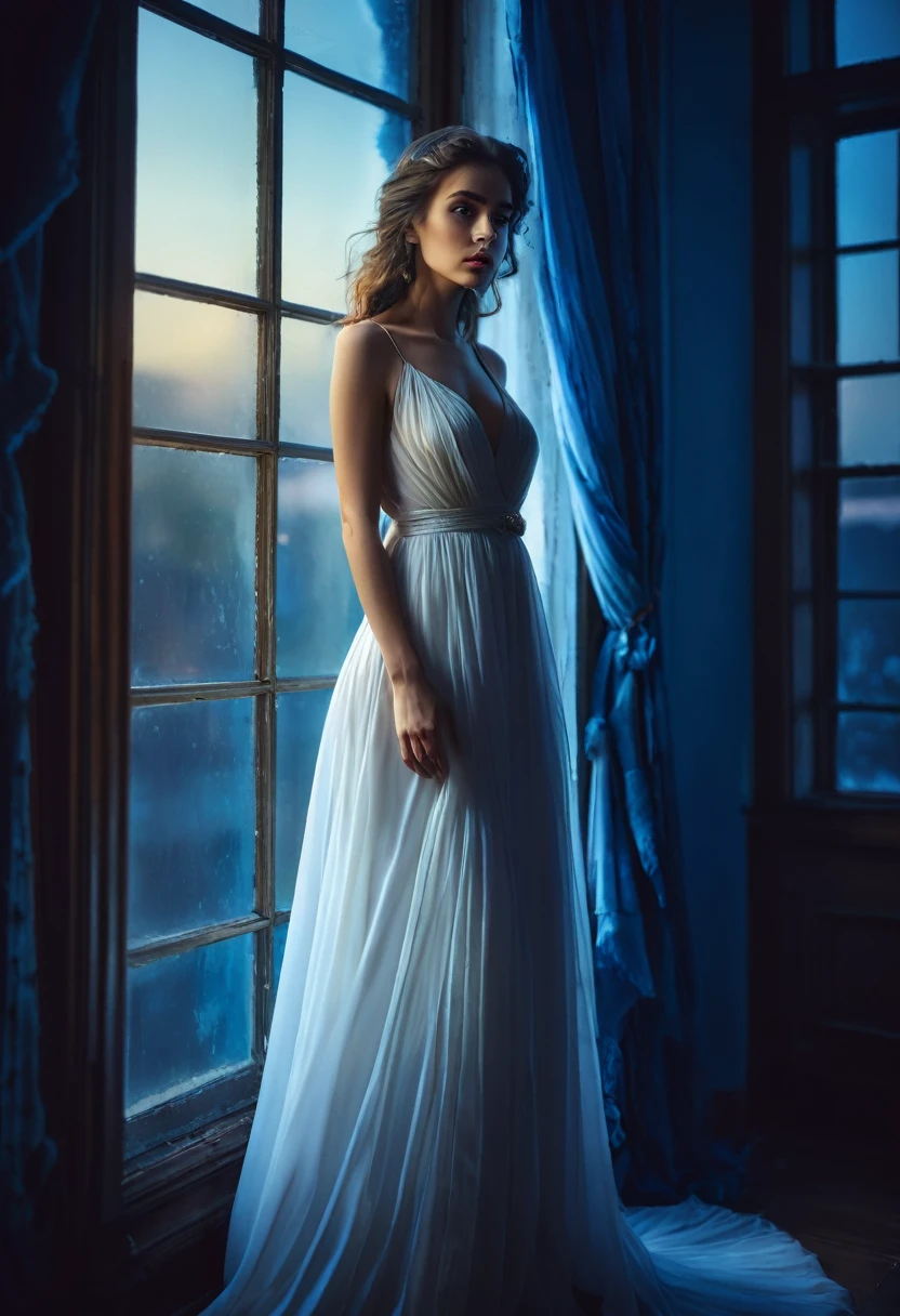 arafed woman in a dress standing in front of a window, a picture by Marie Bashkirtseff, shutterstock, romanticism, half-turned lady in evening gown, flowing gown, wearing a flowing dress, mysterious woman, haunting beautiful young woman, wearing a white flowing dress, flowing dress, woman in dress, extremely moody blue lighting, miss aniela