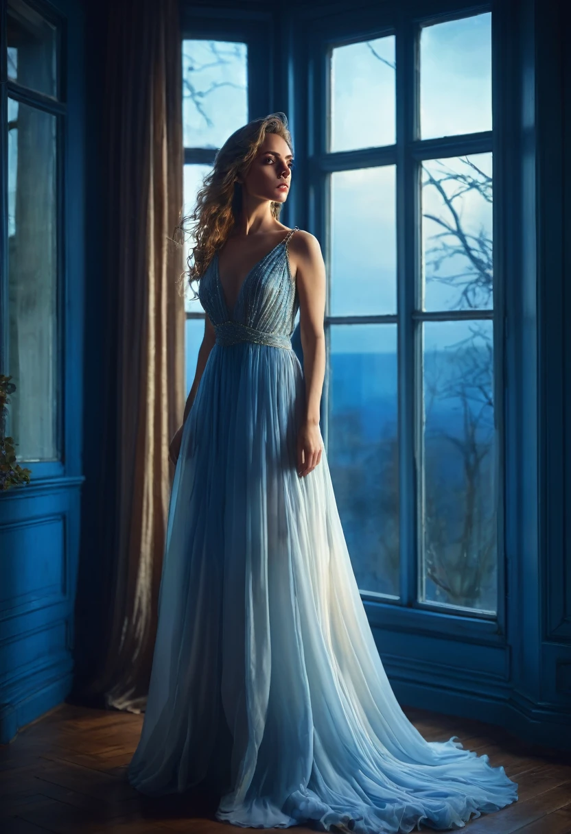 arafed woman in a dress standing in front of a window, a picture by Marie Bashkirtseff, shutterstock, romanticism, half-turned lady in evening gown, flowing gown, wearing a flowing dress, mysterious woman, haunting beautiful young woman, wearing a white flowing dress, flowing dress, woman in dress, extremely moody blue lighting, miss aniela
