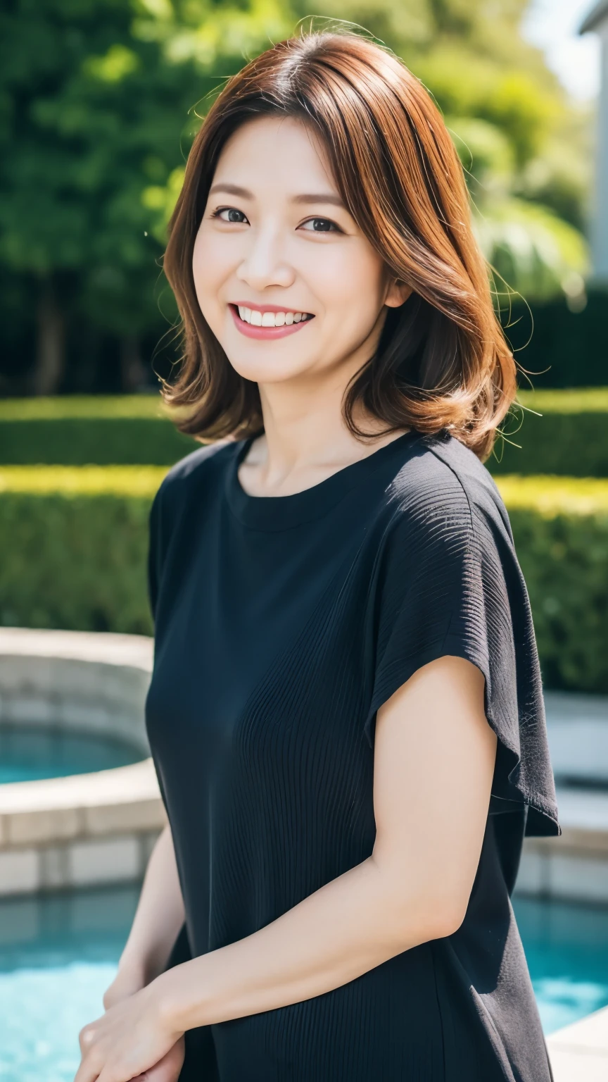 最high quality, In 8K, whole body, Real, Upper Body, high quality, High resolution, Detailed face, Detailed eyes, Thick lips, (Look at the viewers), alone, Middle-aged women, , 60 years old, , Wavy Hair, , Wearing short sleeves, Standing in front of a fountain, Wrinkles around the eyes, Smiling with teeth showing, Background Blur