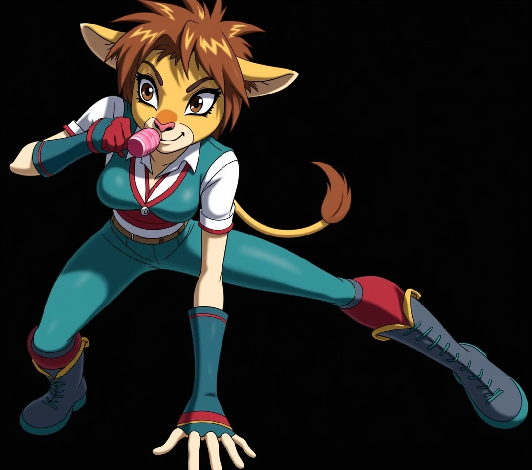 Leena from Paddle Pop Begins cartoon, furry, Leena is young lioness, brown short haircut with two pigtails at the face with a short ponytail on the back of the head, wears a white shirt with details in the collared with a red unbuttoned vest with short sleeves, red gloves, red pants, brown belt in style feline and boots red with details, extremely beautiful face, athletic body, big breasts, gentle look, hot, eating paddle pop ice cream