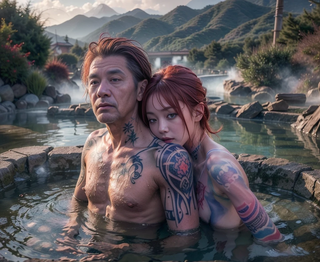 (best quality, highres, masterpiece, photorealistic:1.2),(HDR, vivid colors, wide angle, seen from below),((2people):1.65), (((a very old man with skinny tattooed body):1.23) and (japanese young woman with bare sagging breast, red hair, slim fit body in yukata):1.3)), posing for a picture, professional dynamic lighting, (upperbody:1.3), naughty expressions, (sexy poses, hug each other, back to front), ((soaking in the hot springs with river):1.4), foggy and snowy background, cool tones, intimate atmosphere, photon mapping