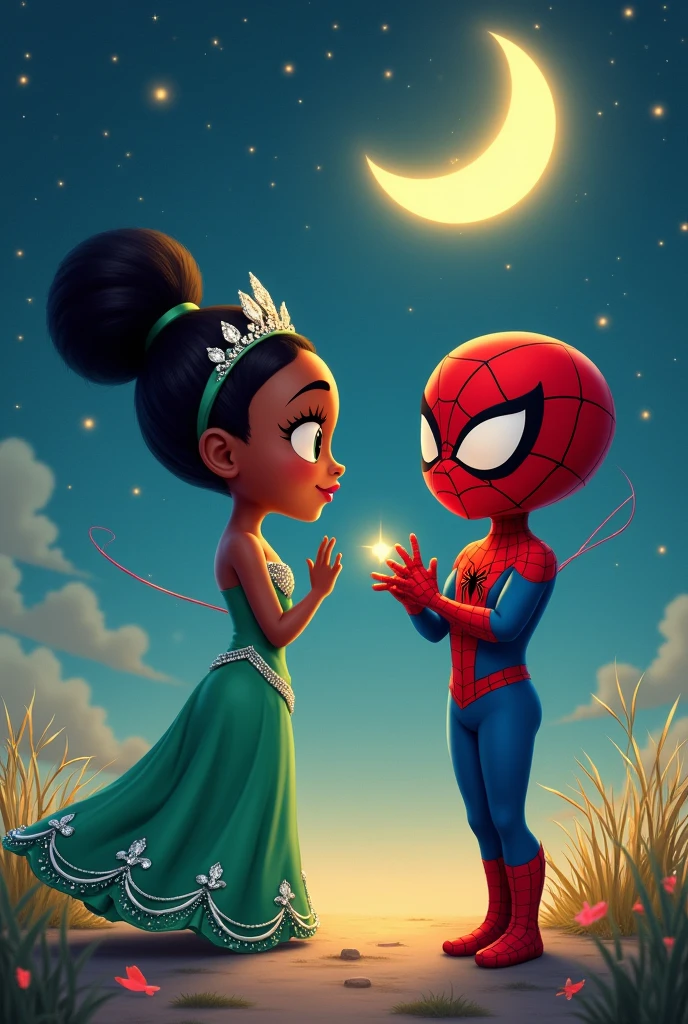 Tiana in a green princess dress with diamonds decorating her dress attached to Spiderman with the metaphor of the red thread that joins their fingers and they must be far from each other and with a surprised face but in love with the thread that unites them but the image must be chibi and tender and the background must be night with the moon and many stars