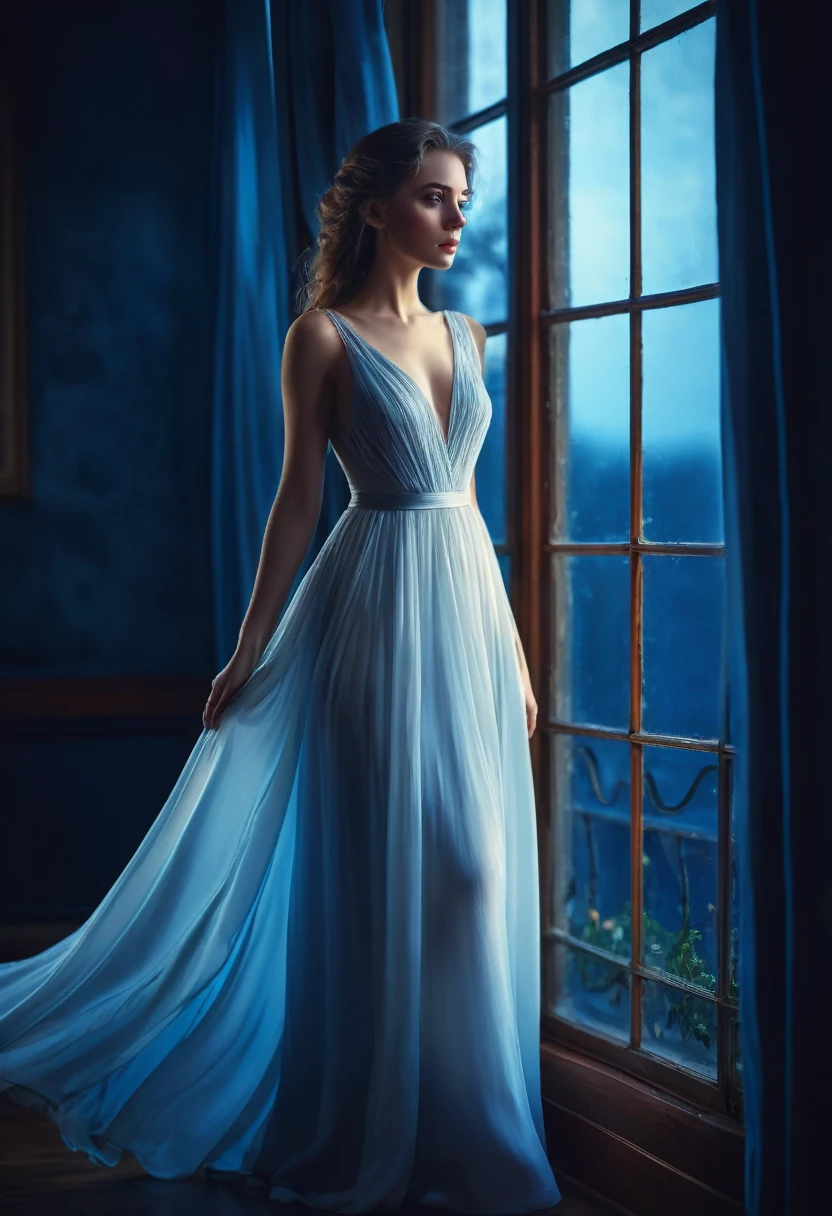 arafed woman in a dress standing in front of a window, a picture by Marie Bashkirtseff, shutterstock, romanticism, half-turned lady in evening gown, flowing gown, wearing a flowing dress, mysterious woman, haunting beautiful young woman, wearing a white flowing dress, flowing dress, woman in dress, extremely moody blue lighting, miss aniela