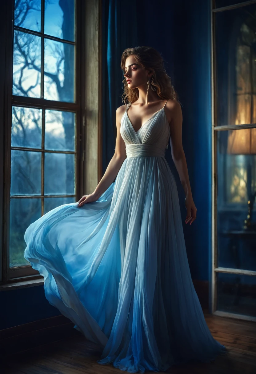 arafed woman in a dress standing in front of a window, a picture by Marie Bashkirtseff, shutterstock, romanticism, half-turned lady in evening gown, flowing gown, wearing a flowing dress, mysterious woman, haunting beautiful young woman, wearing a white flowing dress, flowing dress, woman in dress, extremely moody blue lighting, miss aniela

