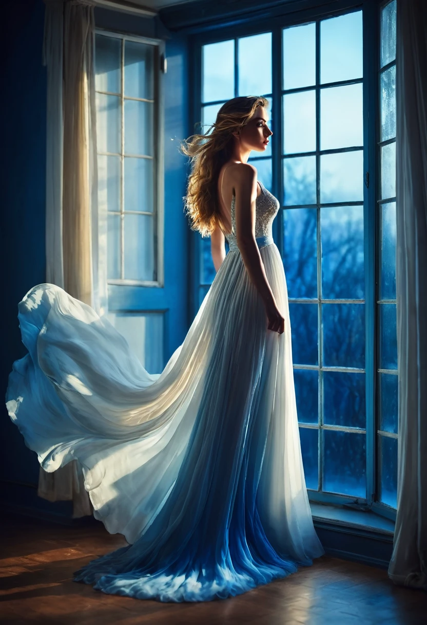 arafed woman in a dress standing in front of a window, a picture by Marie Bashkirtseff, shutterstock, romanticism, half-turned lady in evening gown, flowing gown, wearing a flowing dress, mysterious woman, haunting beautiful young woman, wearing a white flowing dress, flowing dress, woman in dress, extremely moody blue lighting, miss aniela
