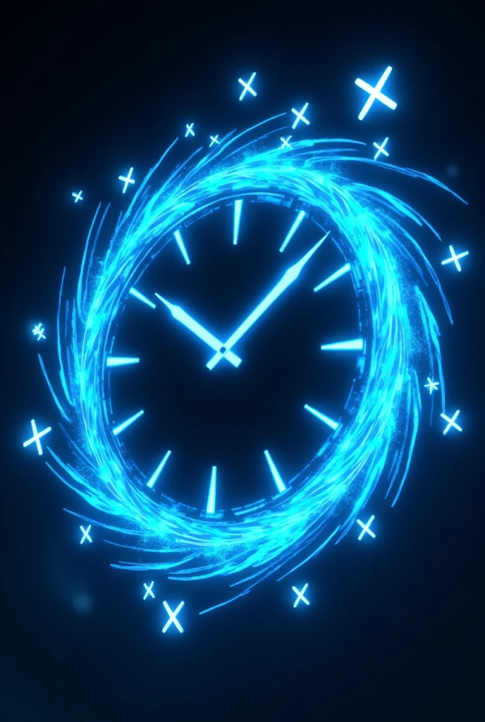 ((Best Quality)), ((masterpiece)), (detailed), an aura of acceleration in anime style, with plus symbols +, all light blue, with the black silhouette of a clock in the center. With a black background,