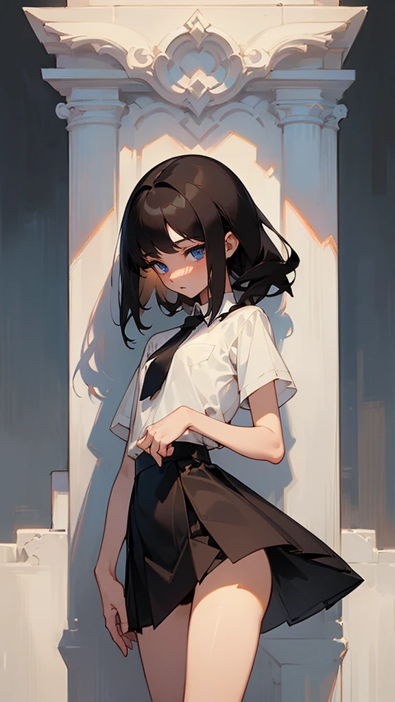 ((True best masterpiece, Ultimately perfect quality, Extremely delicate details)), ((Shy, Quiet, Neat, Gentle, Cute)), An introverted age girl, With skinny slim body, With dark-blue eyes, With long brown-black hair, With flat bust, Wearing a white y-shirt neatly, With black tie, Wearing a black fabric skirt, With gather, In the park