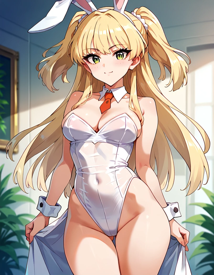 score_9, score_8_up, score_7_up, unaestheticXLv31, masterpiece, ultra-detailed, nsfw, Shiny skin, pretty eyes, BREAK, ((translucent clothing)), WHITE playboy bunny, jgskrk, long hair, blonde hair, two side up, bangs, green eyes, ,Small brests, skinny, Sexy pose, white background
