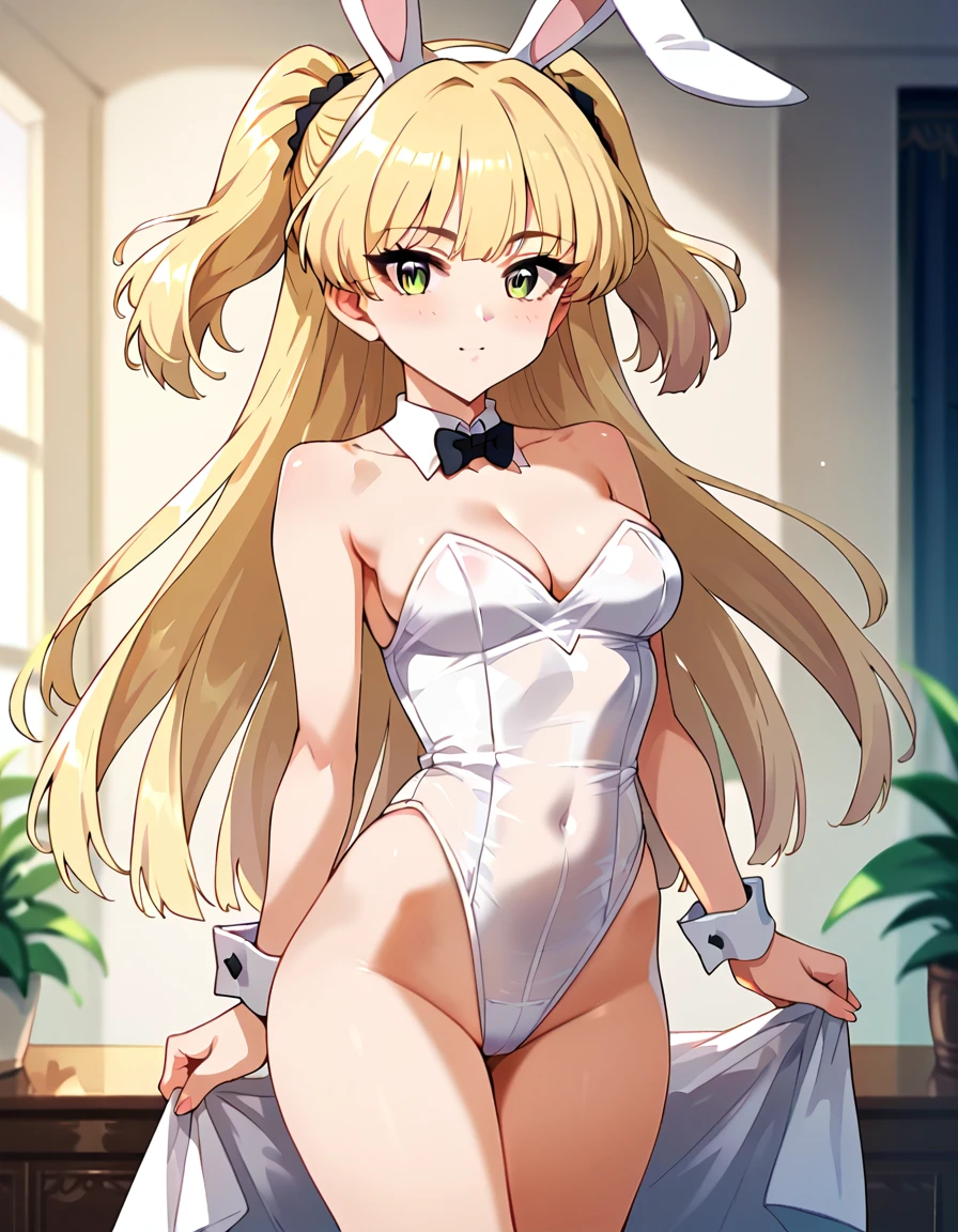 score_9, score_8_up, score_7_up, unaestheticXLv31, masterpiece, ultra-detailed, nsfw, Shiny skin, pretty eyes, BREAK, ((translucent clothing)), WHITE playboy bunny, jgskrk, long hair, blonde hair, two side up, bangs, green eyes,15 years old ,Small brests, skinny, Sexy pose, white background
