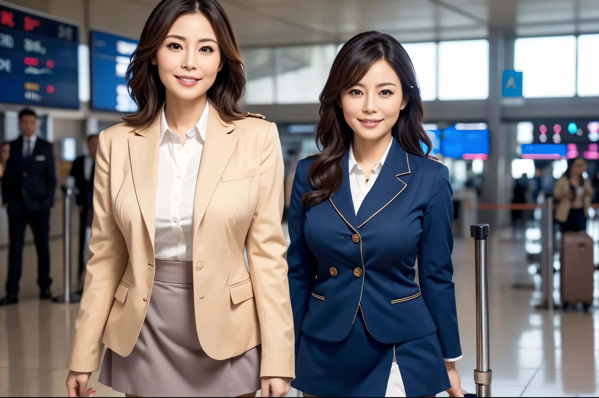 ((2Womans:1.3)),(RAW Photo, Best Quality),(Realistic,Photo Realistic:1.3),Best Quality,Highly Detailed,Masterpiece, Ultra Detailed,Extremely Detailed CG Unified 8k Wallpaper,World Mastery Theater,Best Quality,Movie Lights,hi-res screenshot,Detailed Face,beautiful fine face,extremely beautiful face,Miss Japan,anatomically correct,beautiful row of teeth,beautiful fingers,full body,Looking at Viewer,Cabin attendant,Celebrities,Japanese Mature,40 year old mature woman,Actress face,Beautiful breasts,large breasts,large ass,Thighs,chubby body,((airline Uniform,Cabin Attendant Uniform,Uniform Jacket,See-Through Blouse,ribbon on the chest,Mini-Skirt)),((inside the airport,standing pose,Elegant Pose,Smiling,Natural lighting:1.3)),((No text))