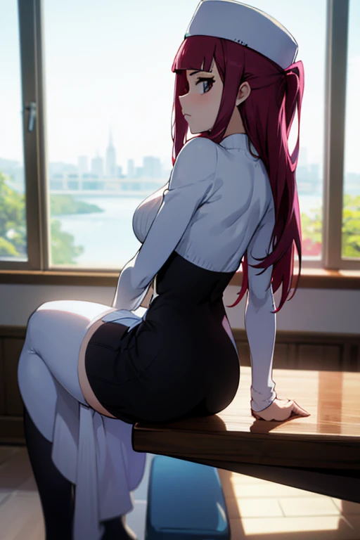 Best quality, masterpiece, Sexy Riruka Dokigamine in her dress and hat, bleach girl, top quality, 16 thousand, ultra-detailed, black stockings, shot Behind, Thick, view Behind, better known as amouranth, next to the big window, looking Behind, great view, close-up shot Behind, lit Behind, seen Behind, sitting on the table, Behind, stunning view, sitting on the table, Short dress , beautiful view of the girl