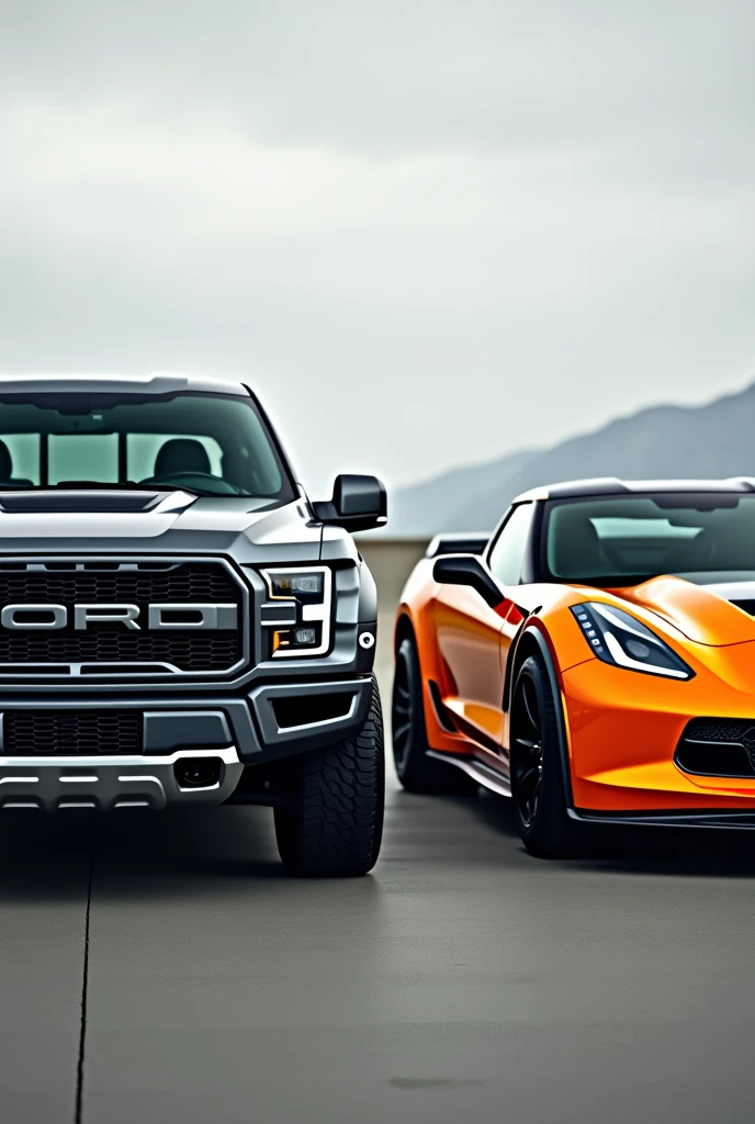 A photo of a gray Ford Raptor and an orange Chevrolet Corvette