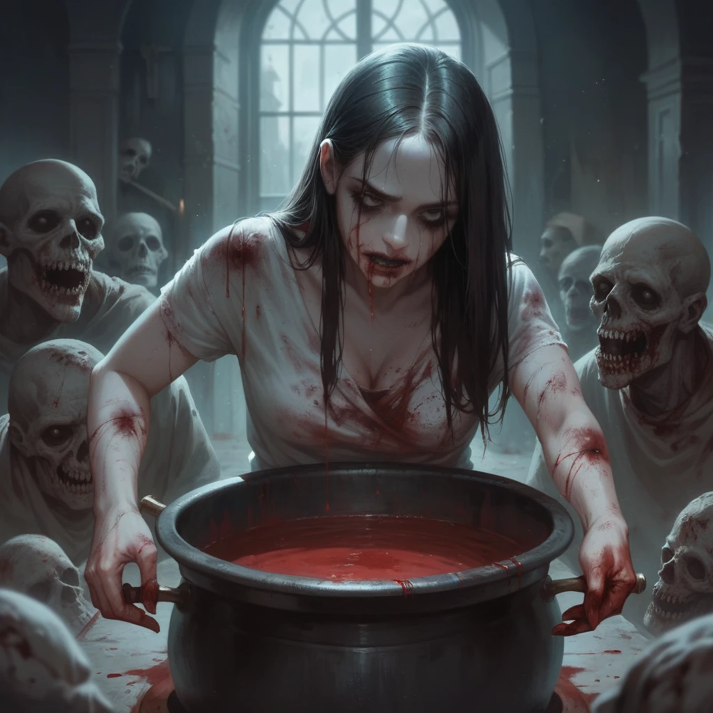 ((best quality)), ((masterpiece)), (detailed), undead wounded Natalie Portman is boiled in a huge cauldron, blood on undead body, horror atmosphere, death, wounds
