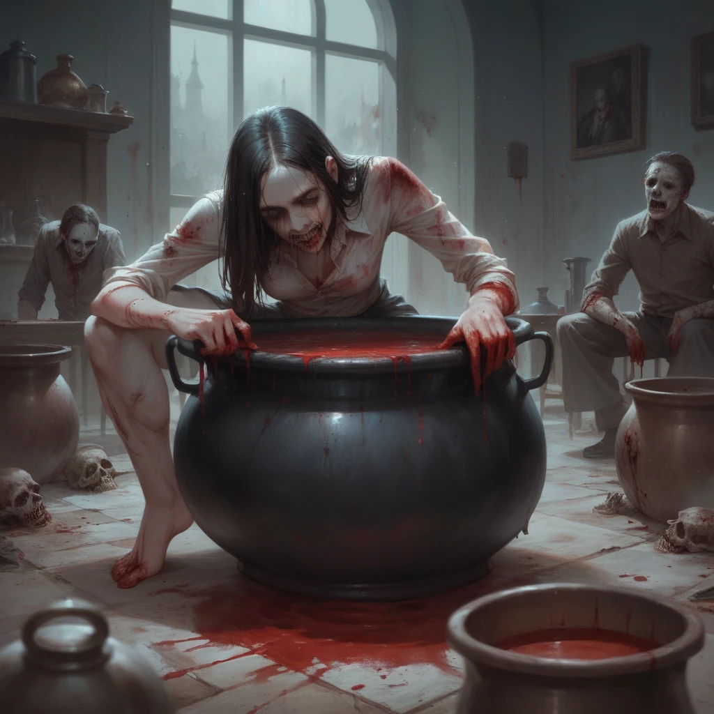 ((best quality)), ((masterpiece)), (detailed), undead wounded Natalie Portman is boiled in a huge cauldron, blood on undead body, horror atmosphere, death, wounds
