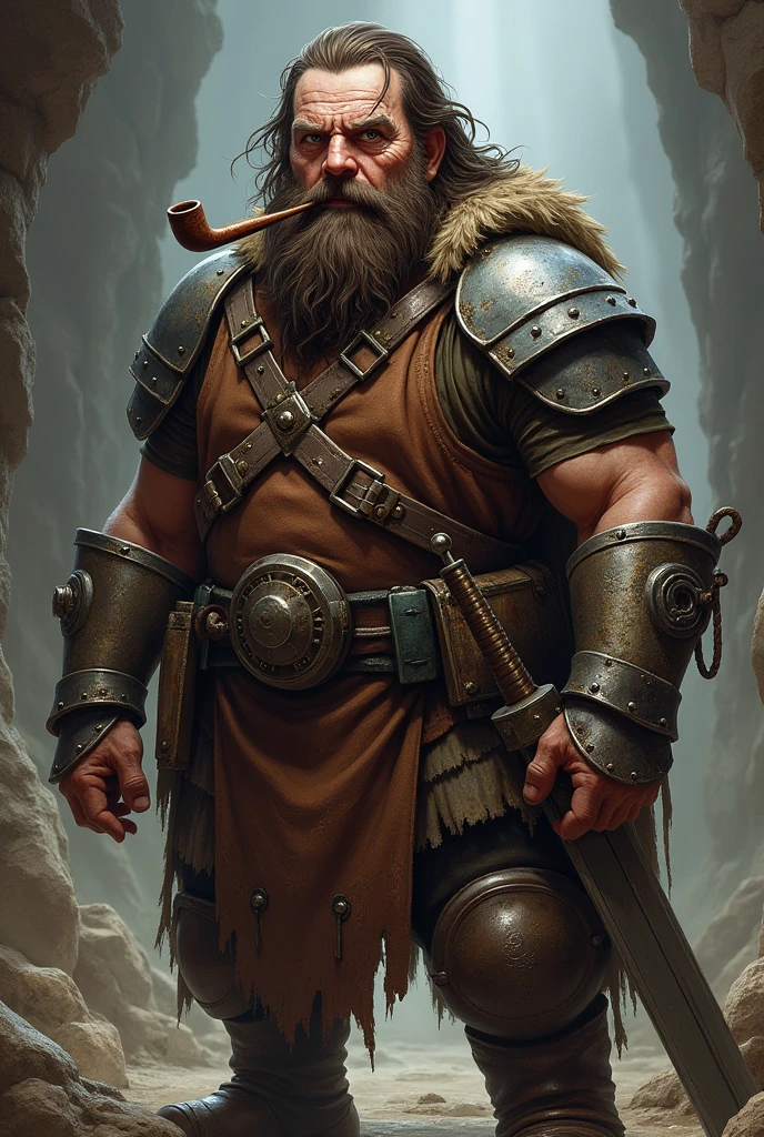 A handsome dwarf warrior from dungeons and dragons, has dark brown hair and a scar on his left eye, looks older, has a pipe.