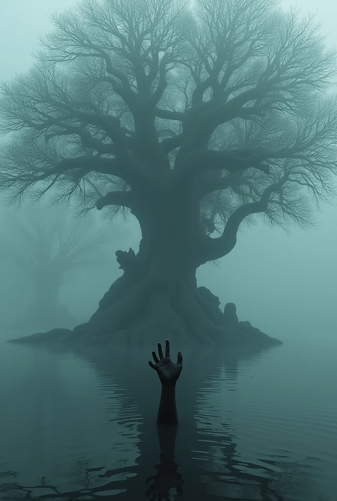 A banyan tree in between a water body which is surrounded by thick fog. From the behind of the banyan tree a hand fist emerges from below
