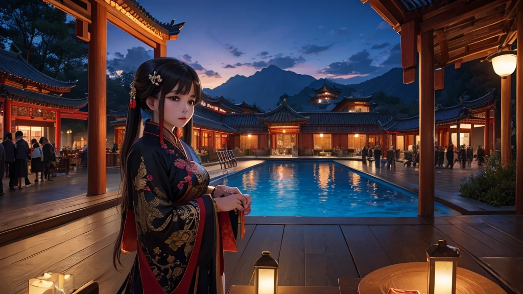 中国传统建筑masterpiece,Cool colors,square,A lot of people,People in ancient Chinese costumes,Crowds of people gathered around a glowing circular ancient pool,There are lotus in the pond,Pool glow,Night Sky,Star,people,Unity,best quality, 32k UHD, Crazy details, Intricate details, Ultra Detailed, Ultra-high quality, High Detail, Extremely detailed, masterpiece, ,