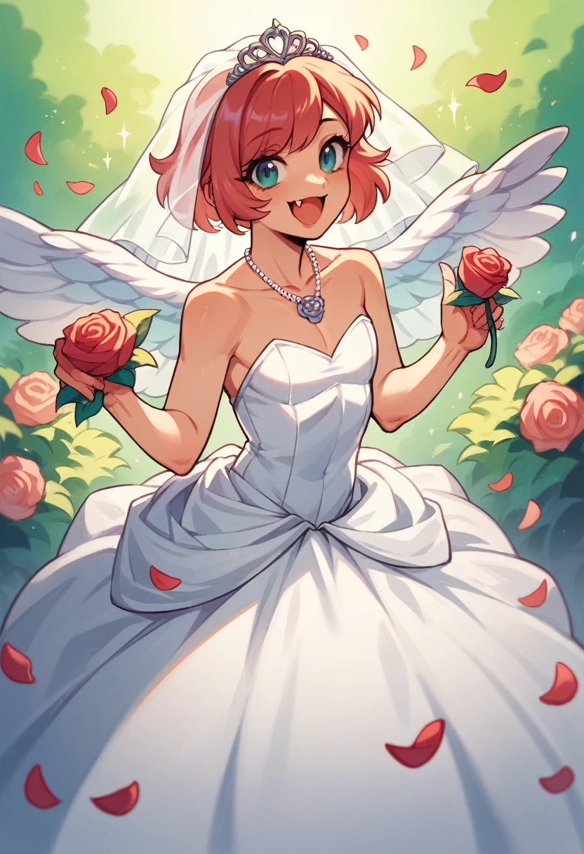 Fang, feminine, dinosaur, winged crawler, Standards, Looking at the viewer, Pastel colors, White dress, wedding dress, Rose necklace, happy, wings, wedding, Human development report (real:1.3) 