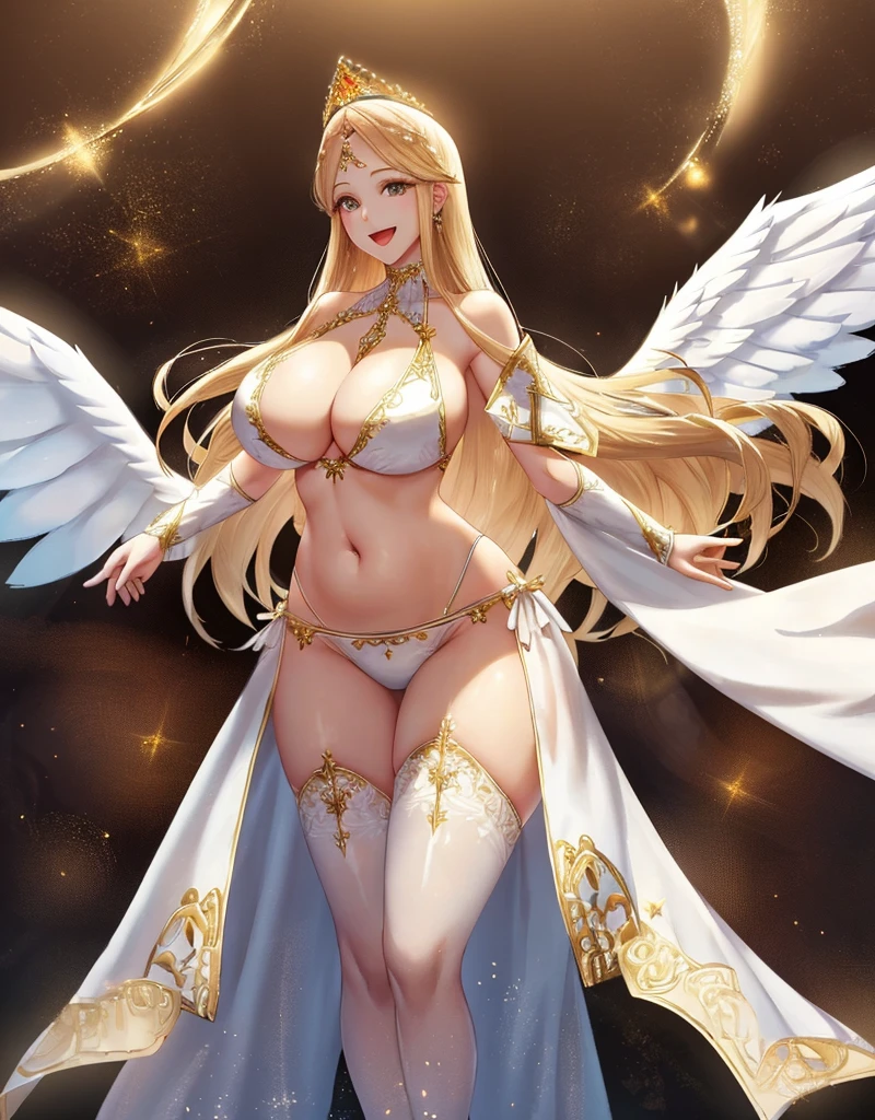 Angelic adult lady wearing a white bikini,Very large white angel wings on his chest,Very large white angel wings on his chest,belly button、Great Hall Background、Body Length、Long neck、Her body is facing forward、Long neck、Standing with good posture and good posture、solo、Complex,Particles of light,Thighs,Glowing Skin、golden tiara on head、Perfect lighting, Angelic adult lady wearing a white bikini、Pelvic Curtain, A big-bodied angelic adult lady wearing a white bikini、Very large white angel wings on his chest,Very large white angel wings on his chest、solo、belly button、Complex,Particles of light,Thighs,Glowing Skin、Open Mouth Smile、Perfect lighting, Pelvic Curtain,Her body is facing forward、Open Mouth Smile,(masterpiece), (Highest quality)、Long neck、Long neck、Standing in a clean posture、maternal, Porcelain-like skin, Honey blonde straight hair, Very long hair、Open Mouth Smile,(masterpiece), (Highest quality)、maternal, Porcelain-like skin