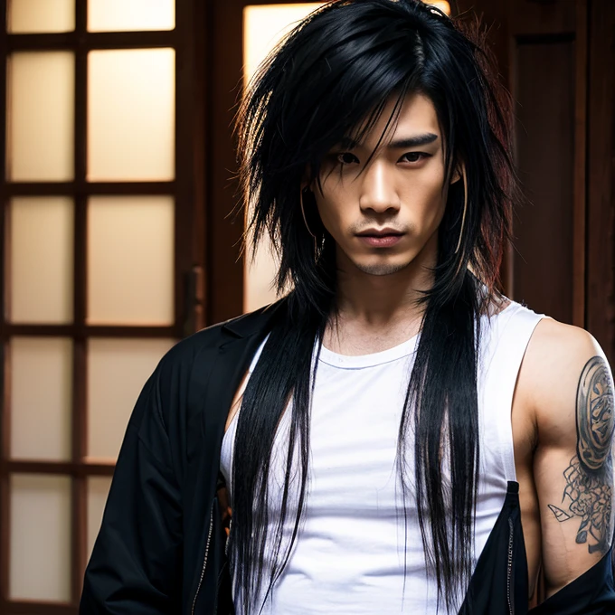 1 man, Japanese man, male, Asian eyes, muscular, broad shoulders, yakuza tattoos, hairstyle Visual Kei style, hair Visual Kei, black men's shirt and black pants, ultra detailed face, hyperrealistic, realistic representation, long hair, long hair, 30 years old, age 30 years, blonde hair