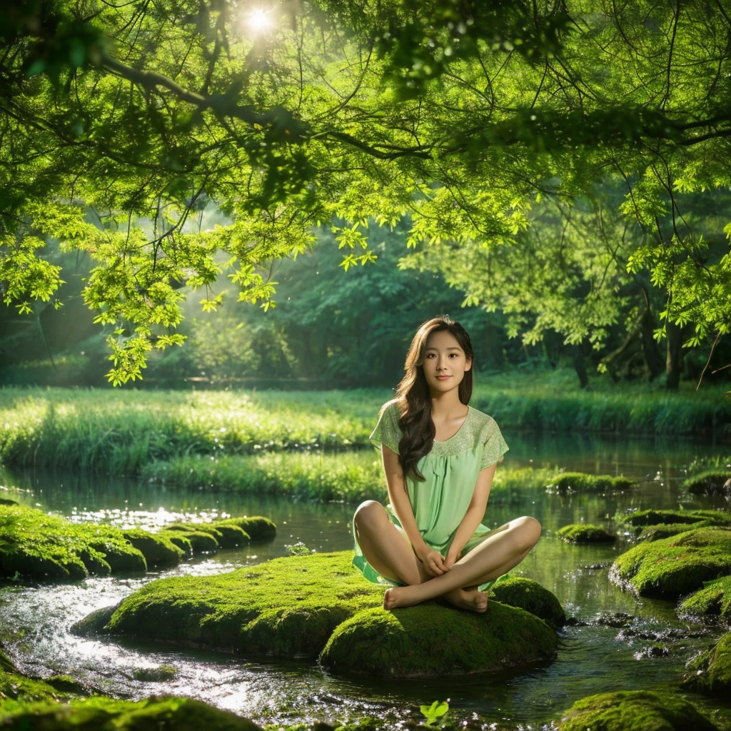 Create 64k photos of a tranquil forest scene at dusk. The forest is bathed in soft, gentle light. There are tall ancient trees. The leaves have a sparkling emerald green color. Low angle portrait. A young woman with a beautiful Thai-Chinese face. ((sexly)) White skin, long brown hair Slim, sexy figure, wearing a pastel pink shirt., white shorts, not wearing shoes She sat gracefully beside the stream. Behind the quiet forest backdrop at dusk The forest was bathed in soft, gentle light. There were tall ancient trees with shimmering leaves. The glitter is emerald green and gold. A stream meanders through forest mildly