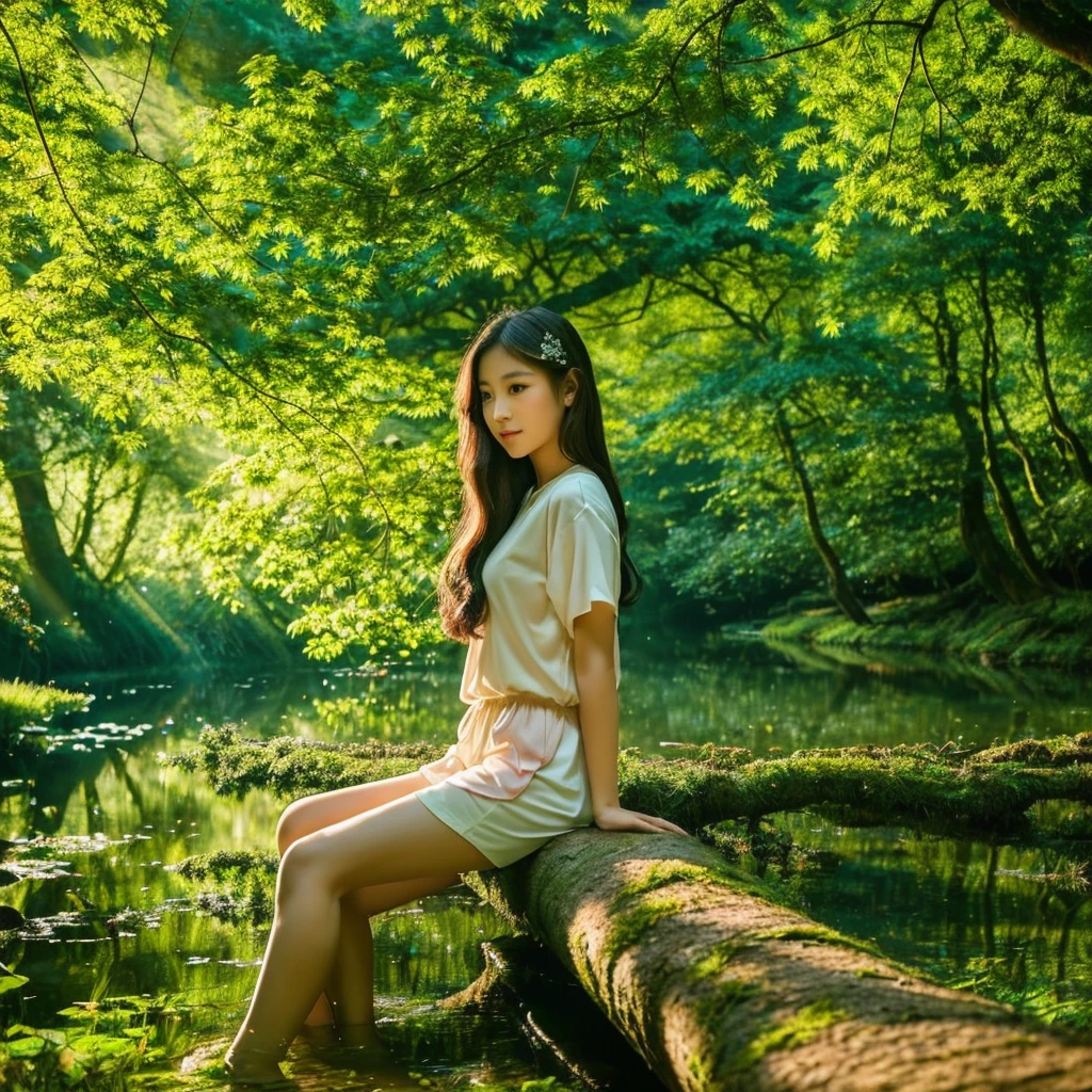 Create 64k photos of a tranquil forest scene at dusk. The forest is bathed in soft, gentle light. There are tall ancient trees. The leaves have a sparkling emerald green color. Low angle portrait. A young woman with a beautiful Thai-Chinese face. ((sexly))  White skin, long brown hair Slim, sexy figure, wearing a pastel pink shirt., white shorts, not wearing shoes She sat gracefully beside the stream. Behind the quiet forest backdrop at dusk The forest was bathed in soft, gentle light. There were tall ancient trees with shimmering leaves. The glitter is emerald green and gold. A stream meanders through forest mildly