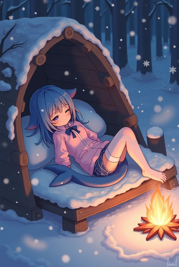 A 18 year old anime-style male dressed in a short shirt on with fishnets and thigh highs, garbed in soft shades of blue and pink, and he has a shark tail and ears . He is portrayed sleeping inside of a log cobin thats snowing and has a fire going 