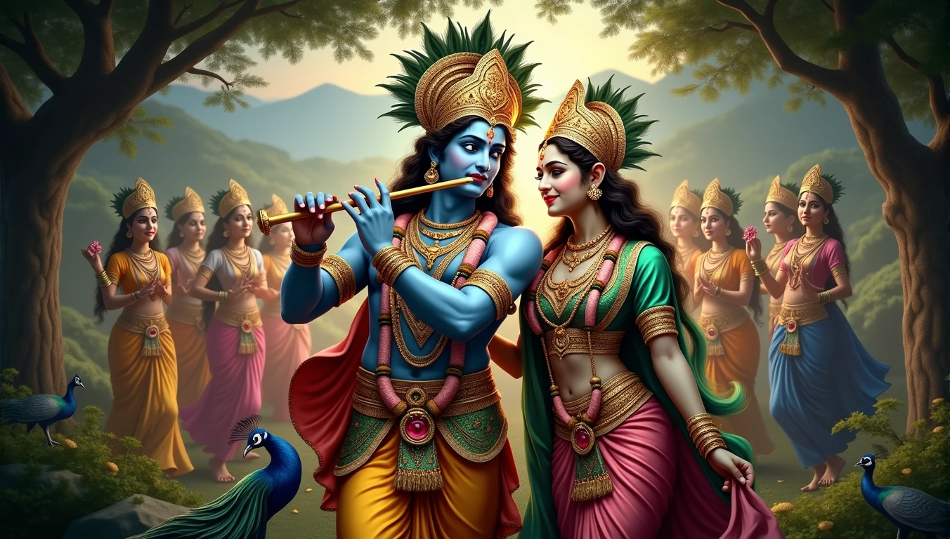 "A hyper-realistic depiction of Lord Krishna performing Raas Leela with Radha and other Gopis in a lush, vibrant forest setting. Krishna is playing the flute with divine grace, wearing a golden crown adorned with peacock feathers, and dressed in traditional, intricately detailed royal attire. Radha, standing beside him, is dressed in a rich, flowing sari with intricate patterns, and her face radiates with divine beauty. The other Gopis, in colorful traditional dresses, are dancing gracefully around them, holding flowers and musical instruments like veenas and dhols. The scene is set under a large, ancient tree with its branches extending overhead, casting dappled light. Peacocks and other birds are perched nearby, adding to the divine ambiance. The background features a serene landscape with distant mountains and a golden-hued sky during twilight. The overall image should convey a sense of divine joy, spiritual connection, and the eternal love between Krishna and Radha."