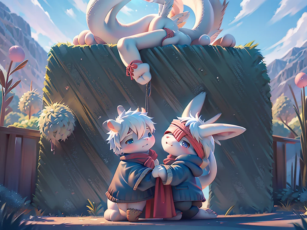 Little Shota,White hair,Men,Q version,Parasaurolophus,There are dragon horns on the head,stand up,Black lace up blindfold,Masterpiece,high resolution,high quality,Clear details,There are two white wings behind,Cloud,Look at the viewer's perspective,Angel Halo,European and American style,Cold light,jacket