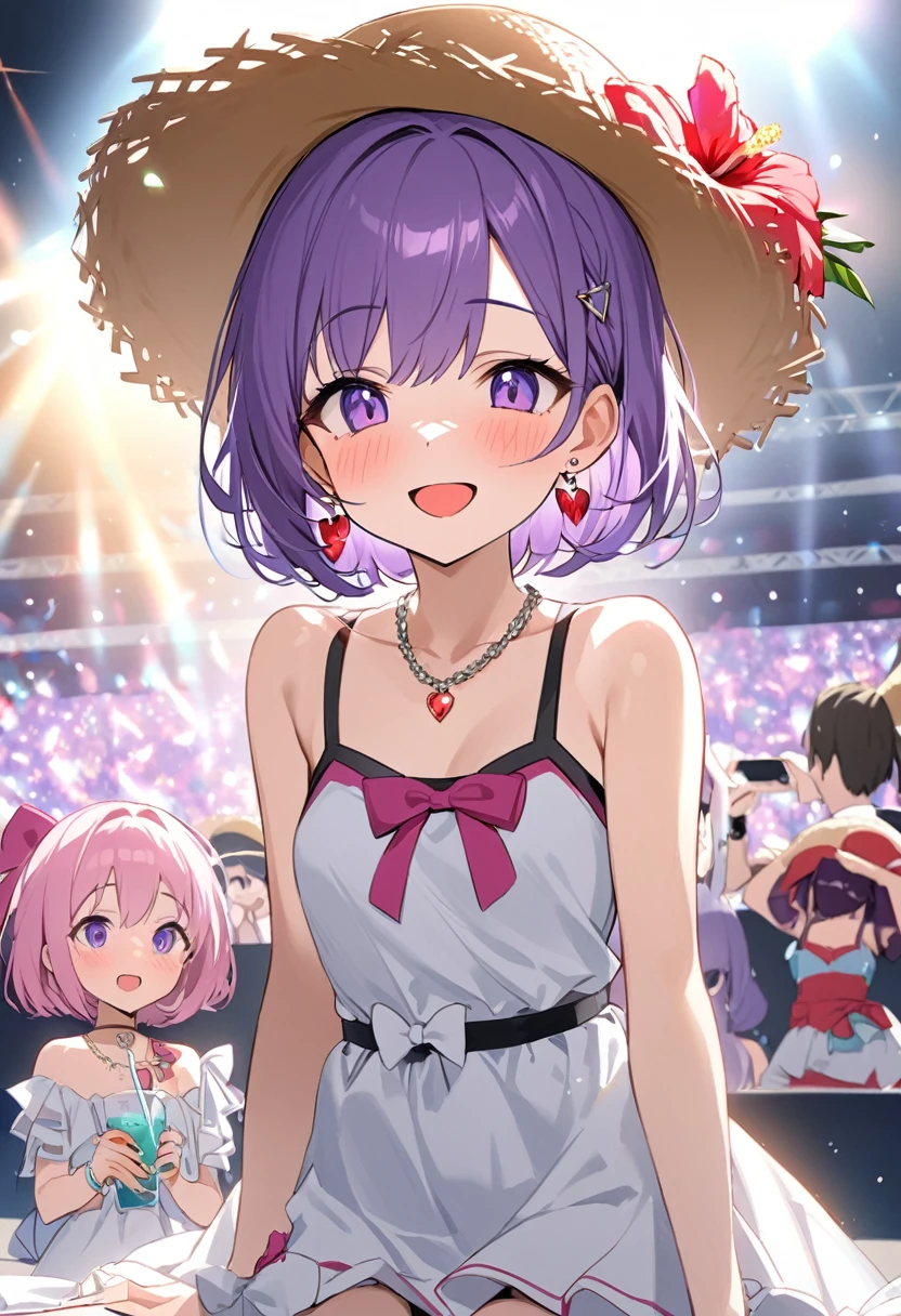 Girl、girl、cute、Princess、young、Purple eyes、Purple Hair、Short Bob Style、hibiscus、Straw hat、Big ribbon、cute、Being spoiled、smile、Be happy、Eyes glow pink、Red cheeks、stage、Idol、White dress、Swimwear、Small breasts、Embarrassed、juice、sit、lover、Earrings、necklace、ring、