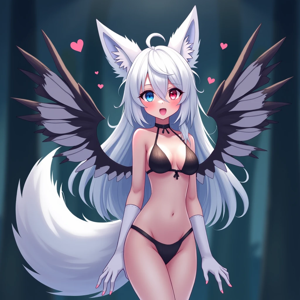 [One Fox Girl, Female Very Sexy Body, Blue and Red eyes, Hearts, White Hair, Black and White Wings, Female Long Hair, Female Fluffy Body, Female Big Fox Ears, Female White Big Fox Tail, velu female, Skinny, cute, Very Massive Perfect Chest Breast, Tits, Adult Female, Tall, Cute, Naked, Blushing, Female Orgasm, Big Chest Furr, Abs, In Forest, Night, In White Tiny Bikini, Cute, Naked, Blushing, Sexual Pose, Visible Pussy]