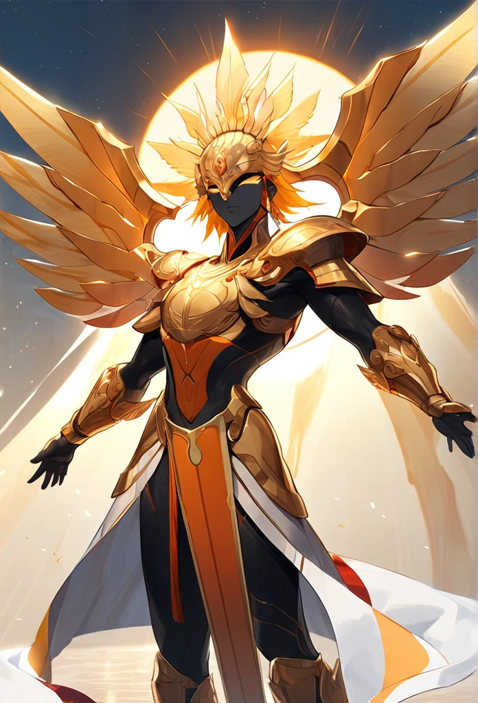SaitoAltura: 1,8 metersHair: Black and shortBody: Robust but not fatEyes: Gold Mask: Covers the lower half of the faceArmor: Red with orange details, adorned with symbols related to the sunWings: Of golden lightSword: Of golden light in one of his handsSymbols: Symbolism of the sun behind