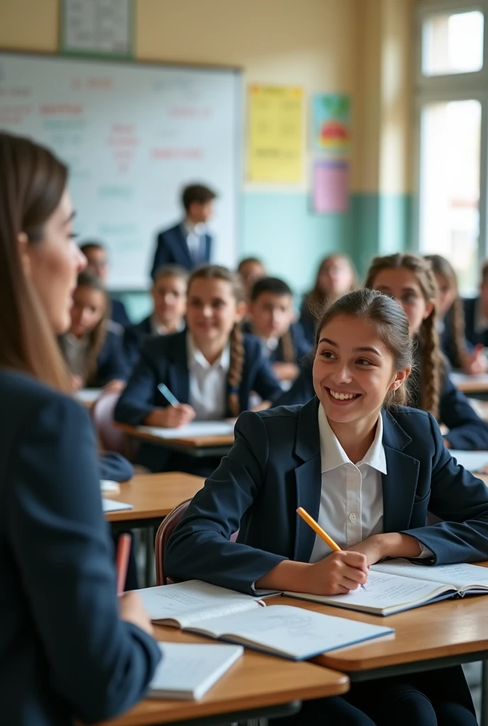 A realistic, high-quality stock photo-style image of a high school classroom. The scene depicts students aged 15-18 wearing semi-formal uniforms, seated at their desks and actively writing. A teacher stands at the front, explaining something on the whiteboard. The classroom is well-lit with natural light from windows, creating a bright and clear atmosphere. The room is neatly organized with rows of desks, educational posters on walls, and typical classroom equipment visible. Students show a range of engaged expressions, some looking at their notebooks, others at the teacher. The image captures fine details like the texture of clothing, the grain of the desks, and the writing on the whiteboard. The overall composition is balanced and professional, mimicking the style of a carefully staged yet natural-looking stock photograph. high-res, masterpiece, best quality, intricate details, very detailed, sharp focus, detailed skin, realistic skin texture, texture, detailed eyes, professional, 4k, charming smile, shot with Canon, depth of field, Kodak Vision color, perfectly fitting body, extremely detailed, photo_\( ultra\), photorealistic, realistic, post processing, maximum details, roughness, real life, ultrarealistic, photorealism, photography, 8k UHD, photography