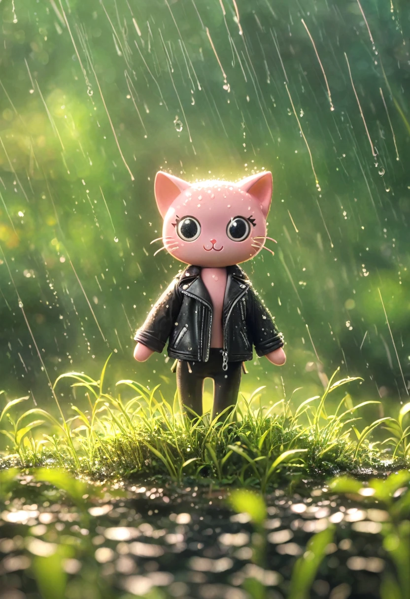 Sexy pink cat in black leather jacket,(No humans),E7E48U,,rain, Background grassland