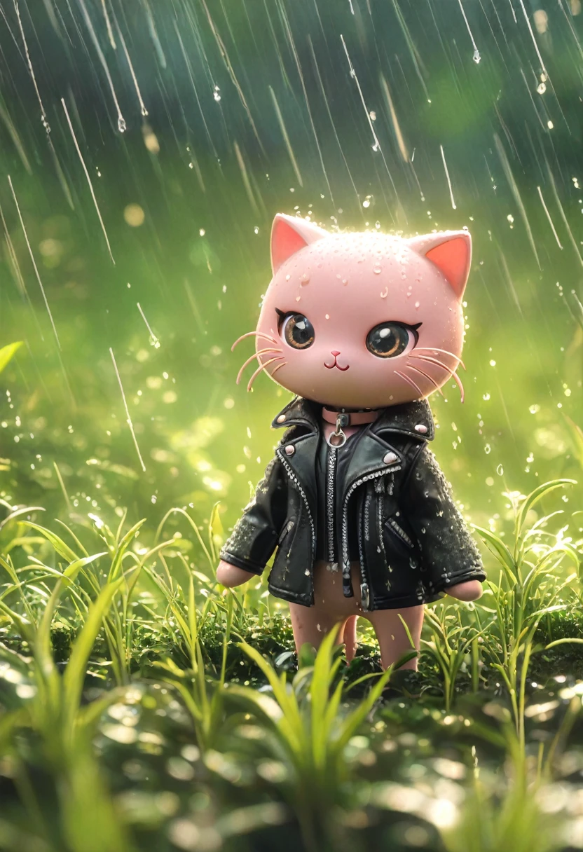 Sexy pink cat in black leather jacket,(No humans),E7E48U,,rain, Background grassland