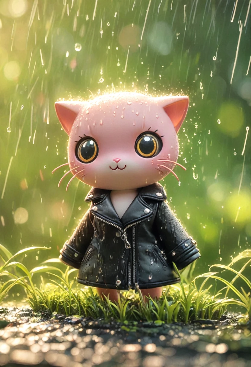 Sexy pink cat in black leather jacket,(No humans),E7E48U，，rain, Background grassland