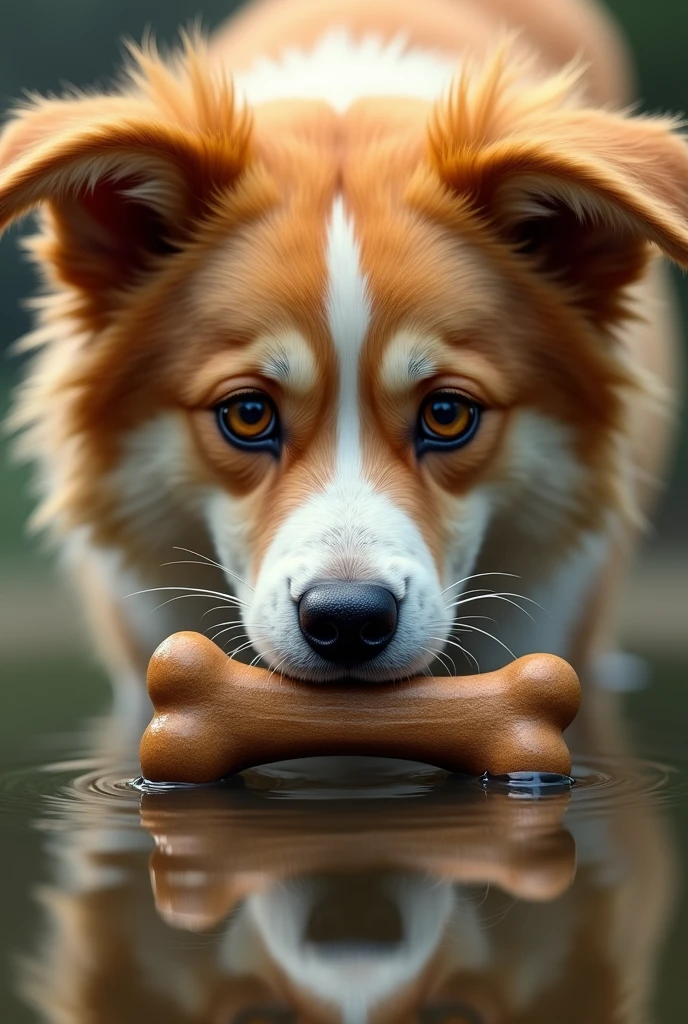 Show a close-up of yellow-orange and white dog face as he plots to take the 'other' bone from the reflection, with a look of greed and anticipation