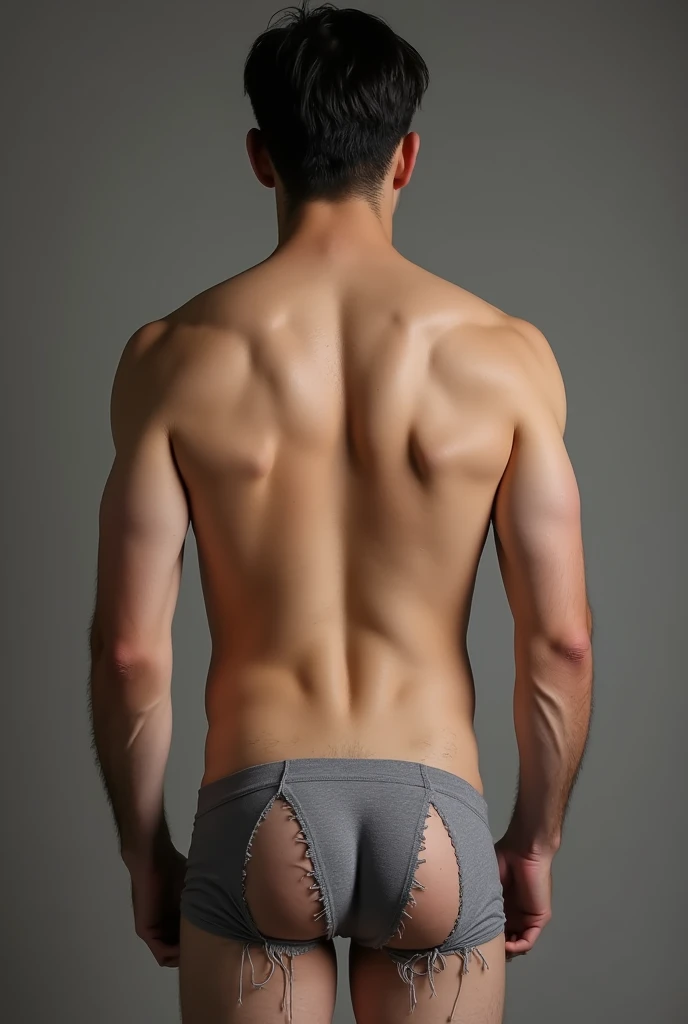 Korean man wears ripped underwear, revealing his hard penis