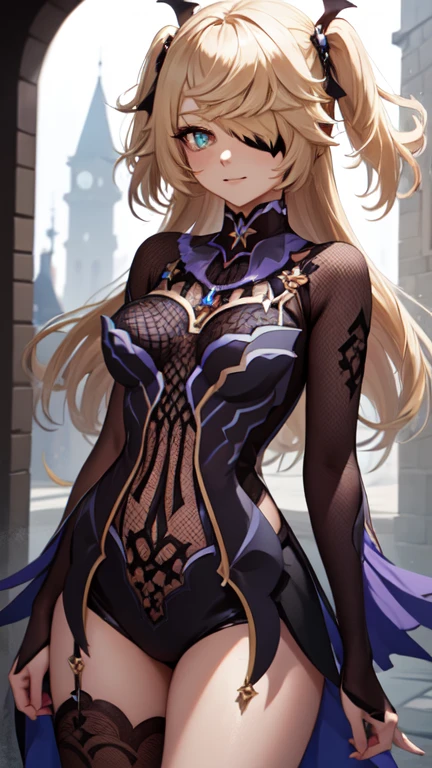 Young blonde girl, black eye patch, twin large ponytails, 
BREAK (masterpiece:1.2), best quality, high resolution, unity 8k wallpaper, (illustration:0.8), (beautiful detailed eyes:1.6), extremely detailed face, perfect lighting, extremely detailed CG, (perfect hands, perfect anatomy), joyful, laughing, Happy, (thigh corset with deep lace neckline), portrait (3:4), posing. In darkness next to a scary castle.