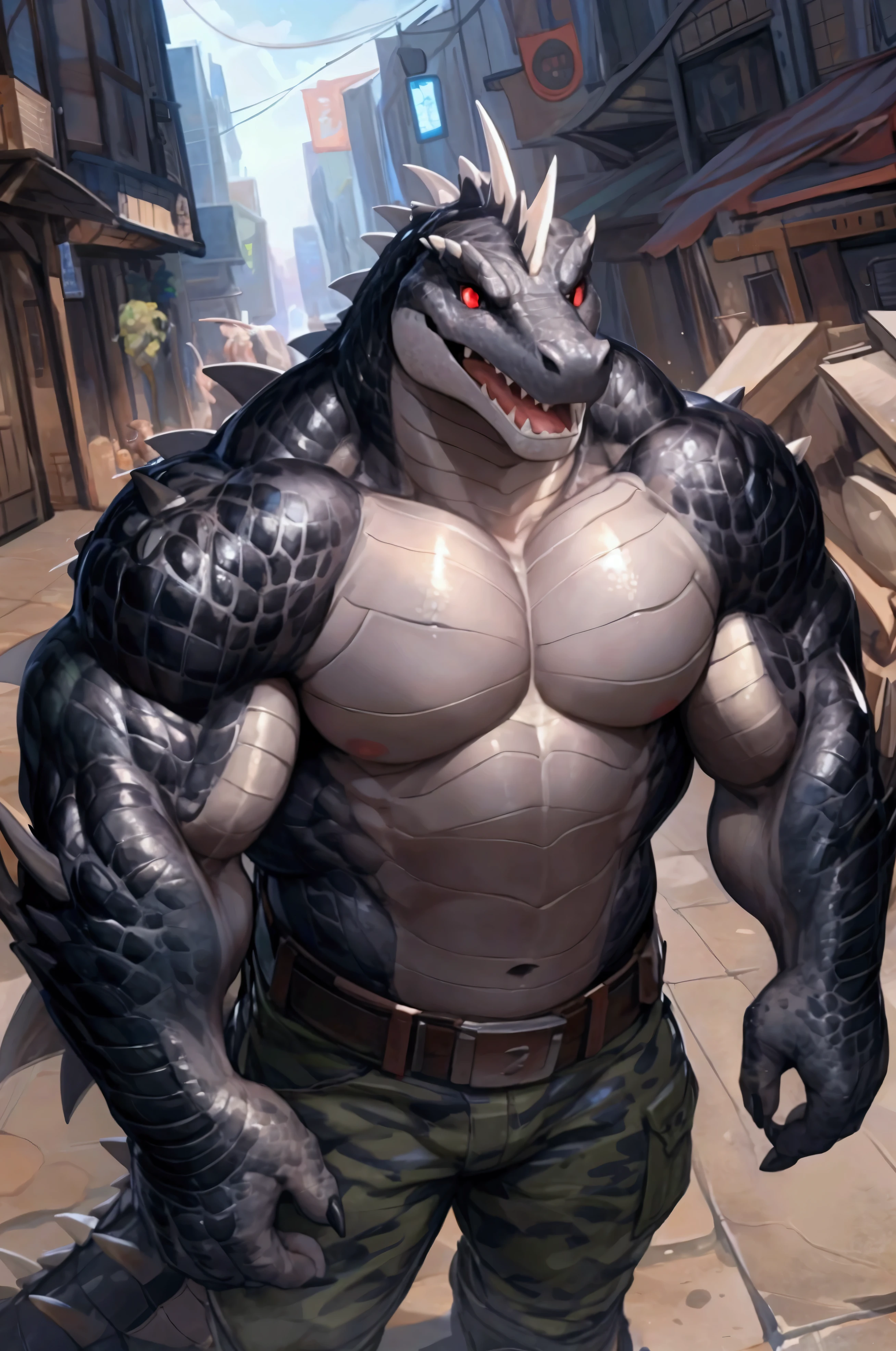 solo, anthro, furry male, crocodile, ((Spiny scales, scales, detailed muscles)), (Crocodile print), black scales, white belly, spiny scales, standing up, bodyguard outfit, black claws, red eyes, slit eyes, slim fit, muscular slim, cracking knuckles, cyber street, busy street, cyber upgrades, crazed look, menacing, raging, angry, detailed eyes, pecs, tail, long tail, looking away, (Masterpiece, by null-ghost, hi-res, 8k), tight green shirt, camo pants, face sideways, leaning forward, oil stain, military outfit, seen from above, upward pov,