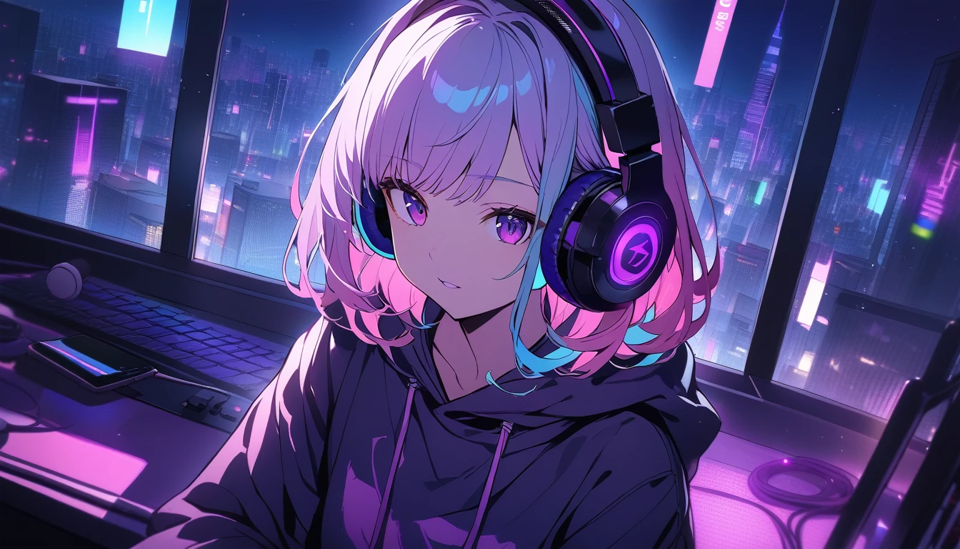 Super detailed,1 girl, alone, hoodie, Facial Contour, headphone, RGB lighting headphones, headphones with Purple lighting, headphone with cable, Purple lighting, city, night city,Blue Hair, Pink Hair